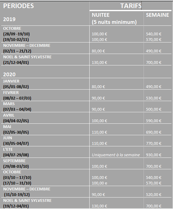 tarifs 2020 location de vacances Bam Kalon