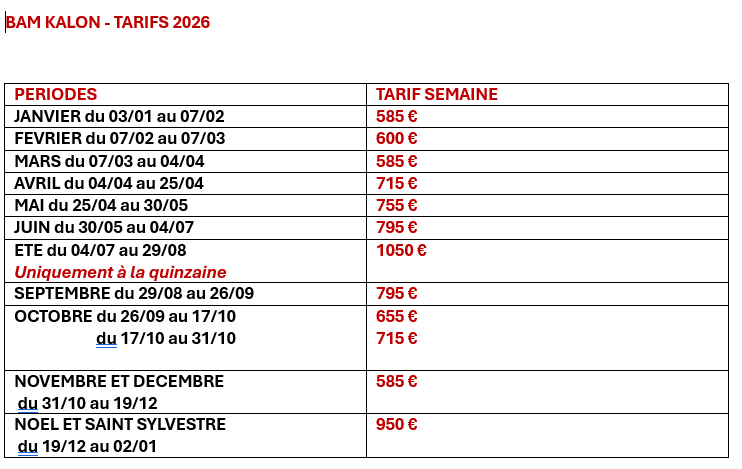 tarifs bam kalon 2026 - location de vacances roscoff
